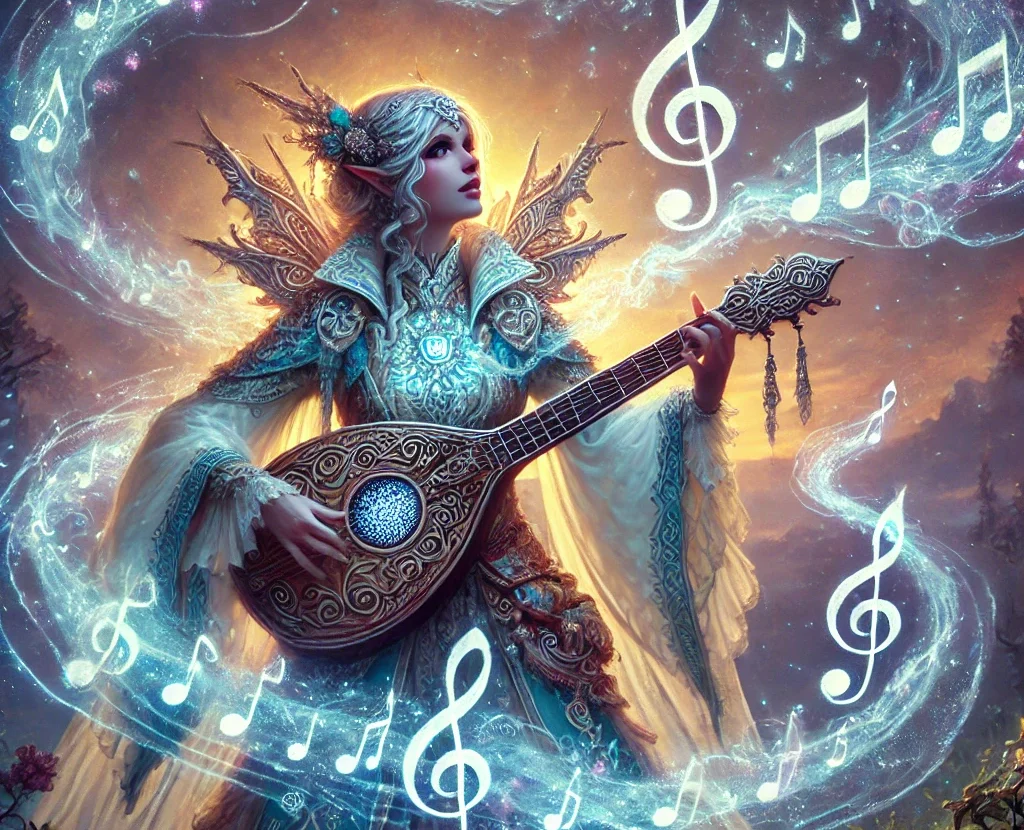 A bard casting a spell with a magical lute, surrounded by glowing musical notes in a fantasy setting.