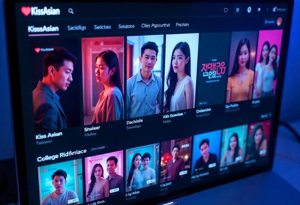 KissAsian streaming site interface displaying Asian dramas and movies.